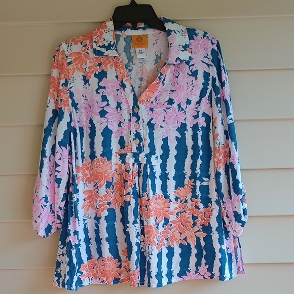 Ruby Rd. Tops - Ruby Rd. Floral Striped Blouse - Blue, Pink, White